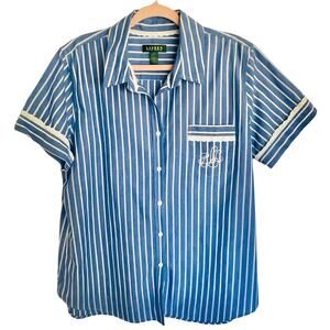 Lauren Ralph Lauren Blue White Stripe Pajama Top Sz XL Lace Trim‎ Classic Lounge